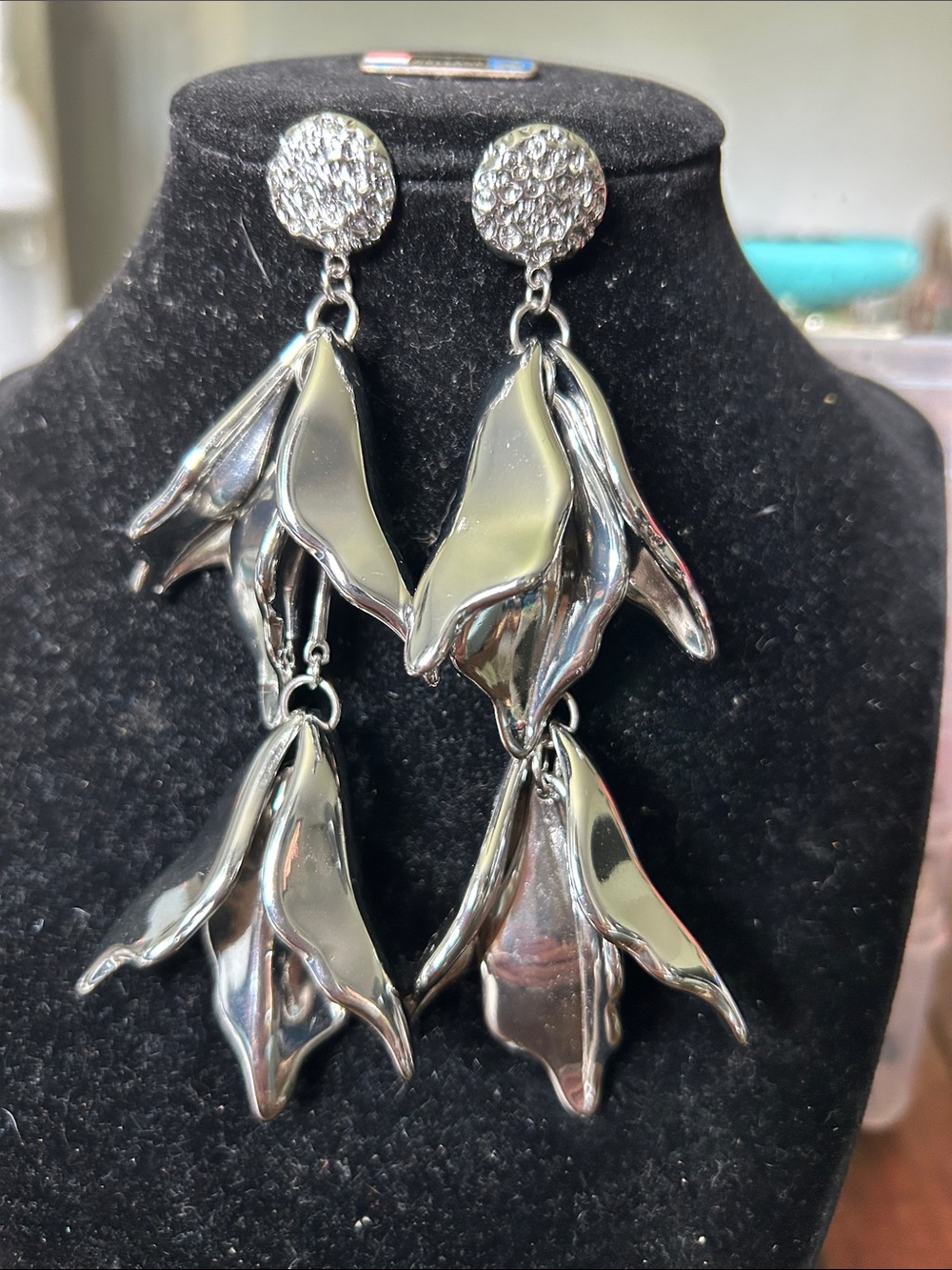 NWOT ASOS Design Over Size Silver Floral Drop Earrings with Textured Disc Tops